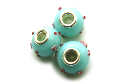 Pandora Style Bead, turquoise, pink papules, 15x10mm, 5 pcs