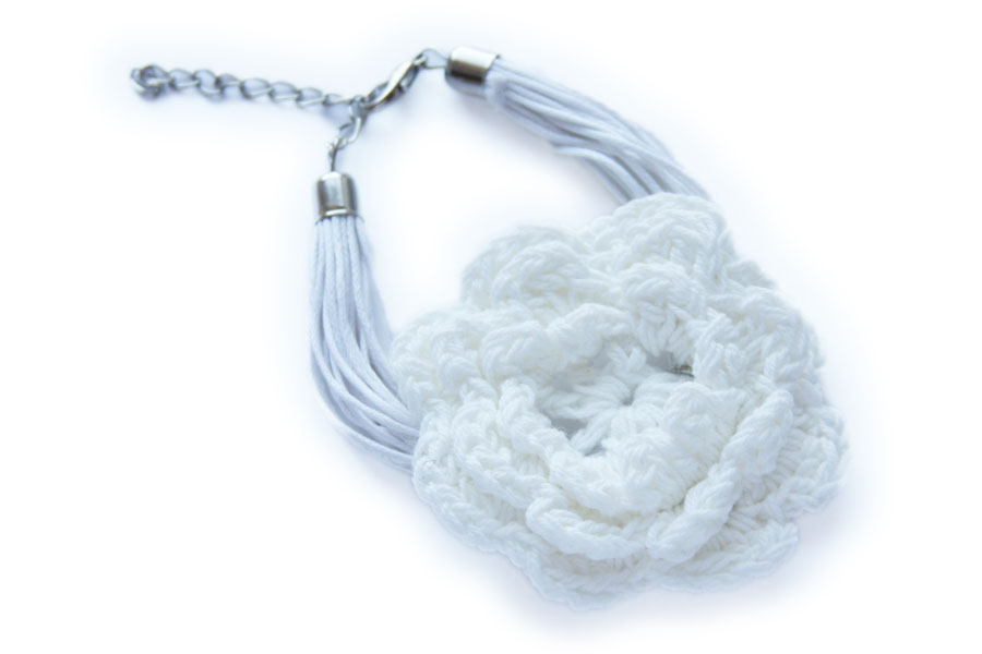 Bracelet, wax cord with knitted flower, white, 1 pc