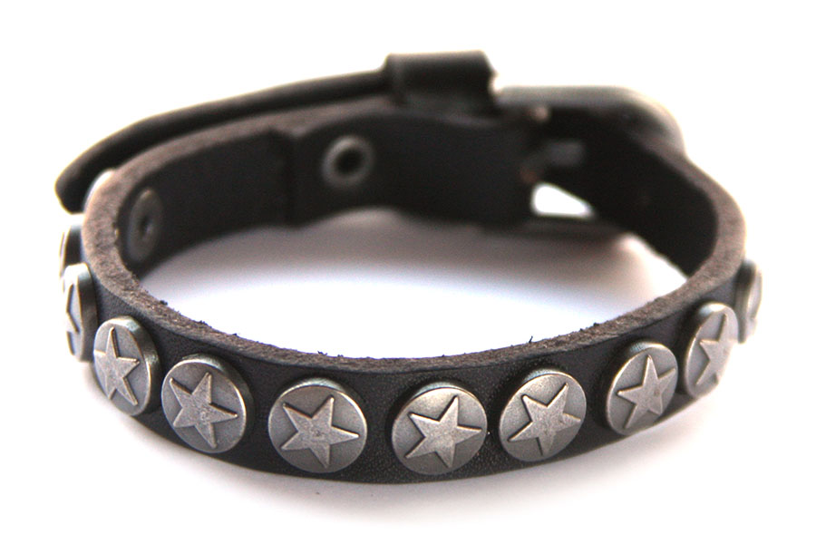 Cool leather bracelet star studs and clasp, Black, 1 st