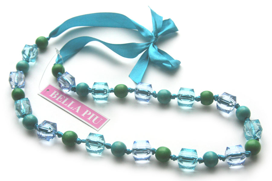 Knotted ribbon necklace, turquoise and green, 1 pc