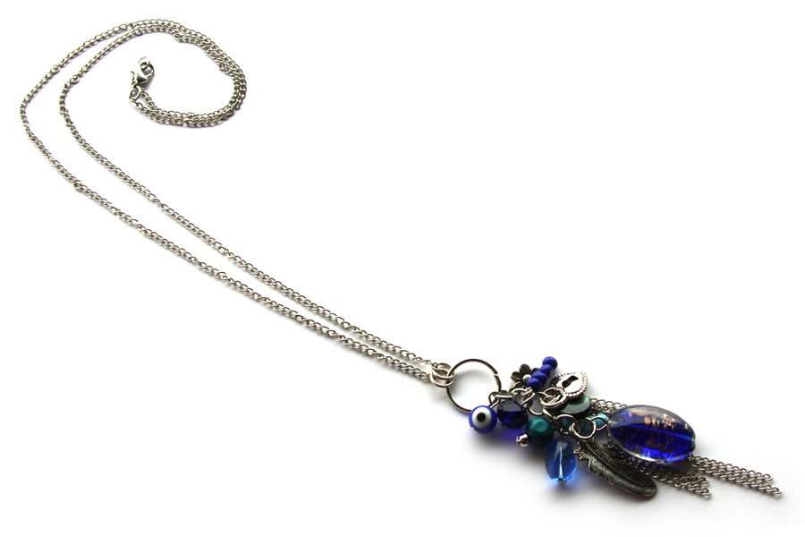 Necklace, chain, Bunch with glass and charms, 63cm, Blue, 1 pc