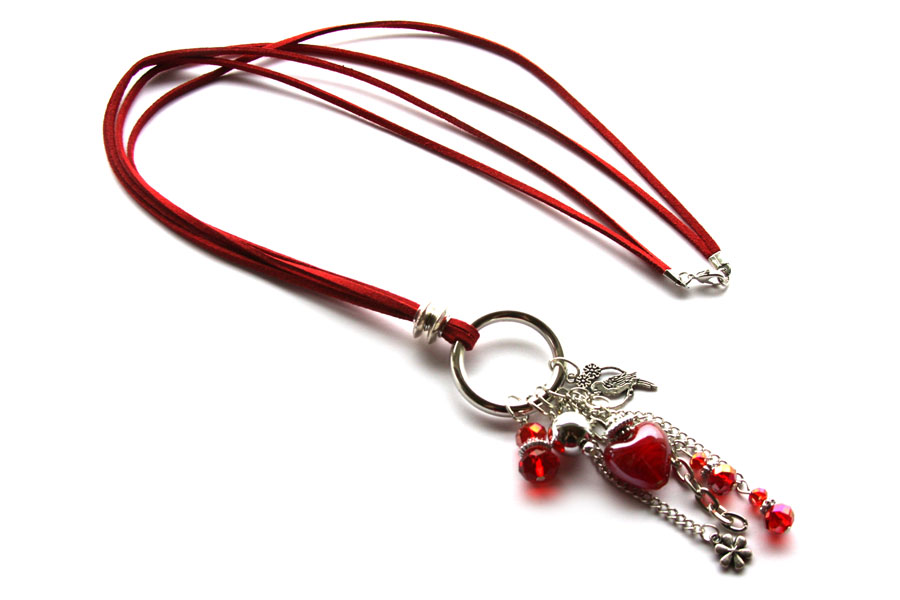 Necklace, lace, Bunch of glass beads and charms, 78cm, Red, 1 pc