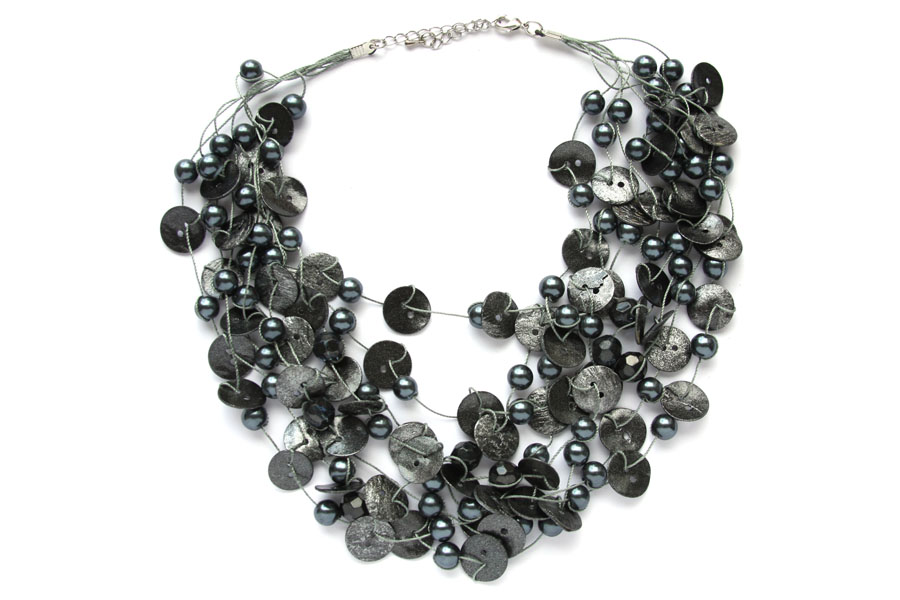 Chain, shell and glass pearls, 45 cm, Grey, 1 pc