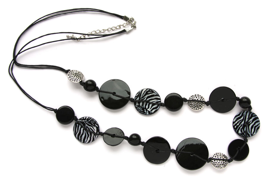 Necklace, shell beads, knotted wax cord, 78cm, Black/White/Silve