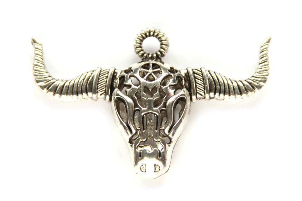 Buffalo skull, large pendant, metal, 35x53mm, Antique Silver, 1