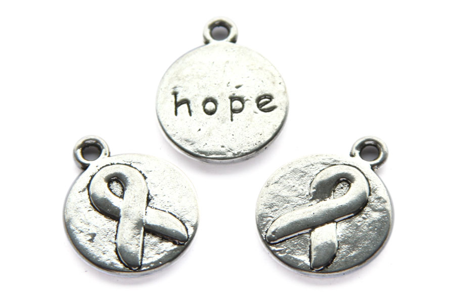 Round metal pendant/charm, ribbon and hope, 20x16mm, Antique Sil