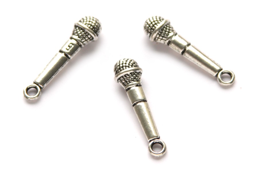 Microphone, metal pendant/charm, 7x27mm, Silver, 10 pcs