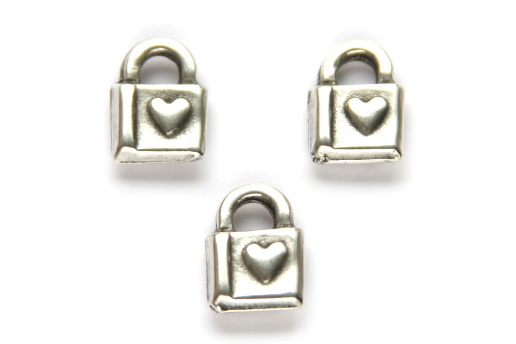 Lock with heart pendant/charm, DQ, 10x15mm, Antique Silver, 8 pc