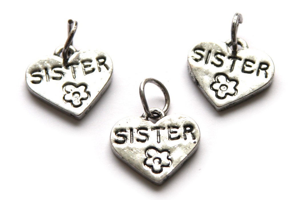 Heart shaped pendant, Sister, 18,2x17,6mm, Silver, 5 pcs