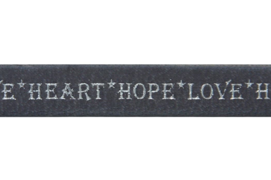 Flat name leather, Love/Heart/Hope, 10x1mm, Black/Silver, 1 m
