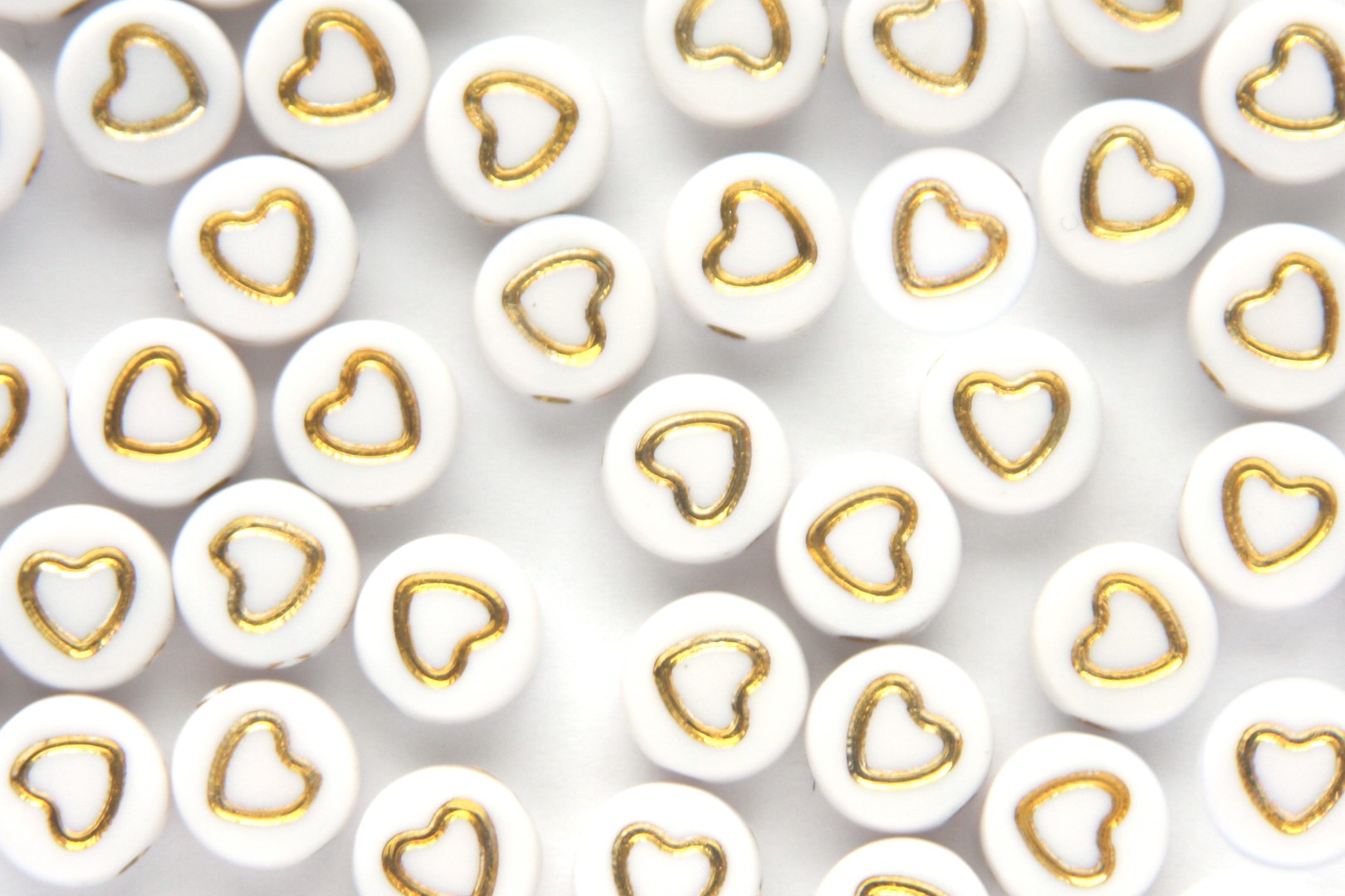 Letter bead, Hearts, open, Flat round, Acrylic, White/Gold, 7x4m