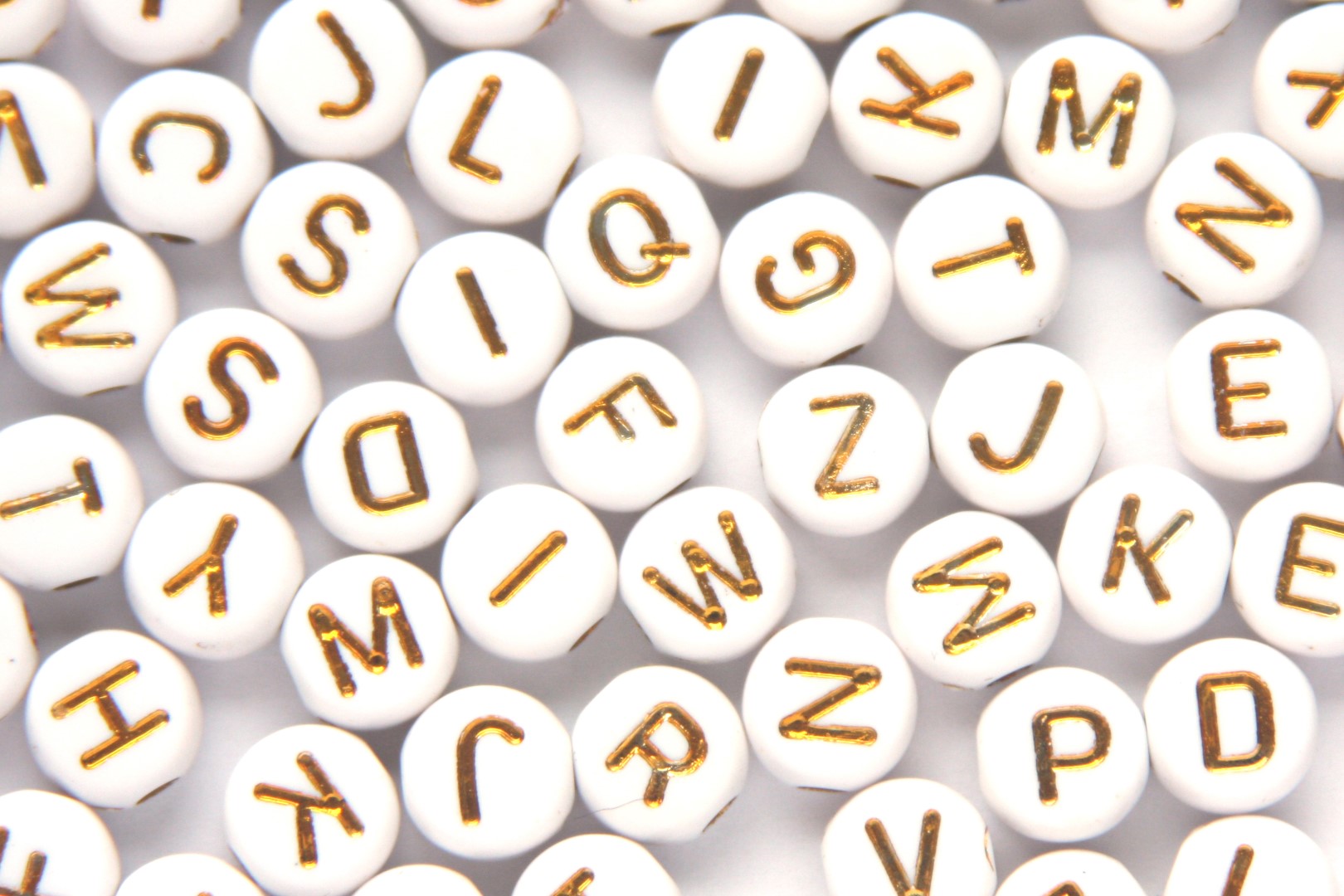 Letter bead, Mix, Letters, Flat round, Acrylic, White/Gold, 7x4m
