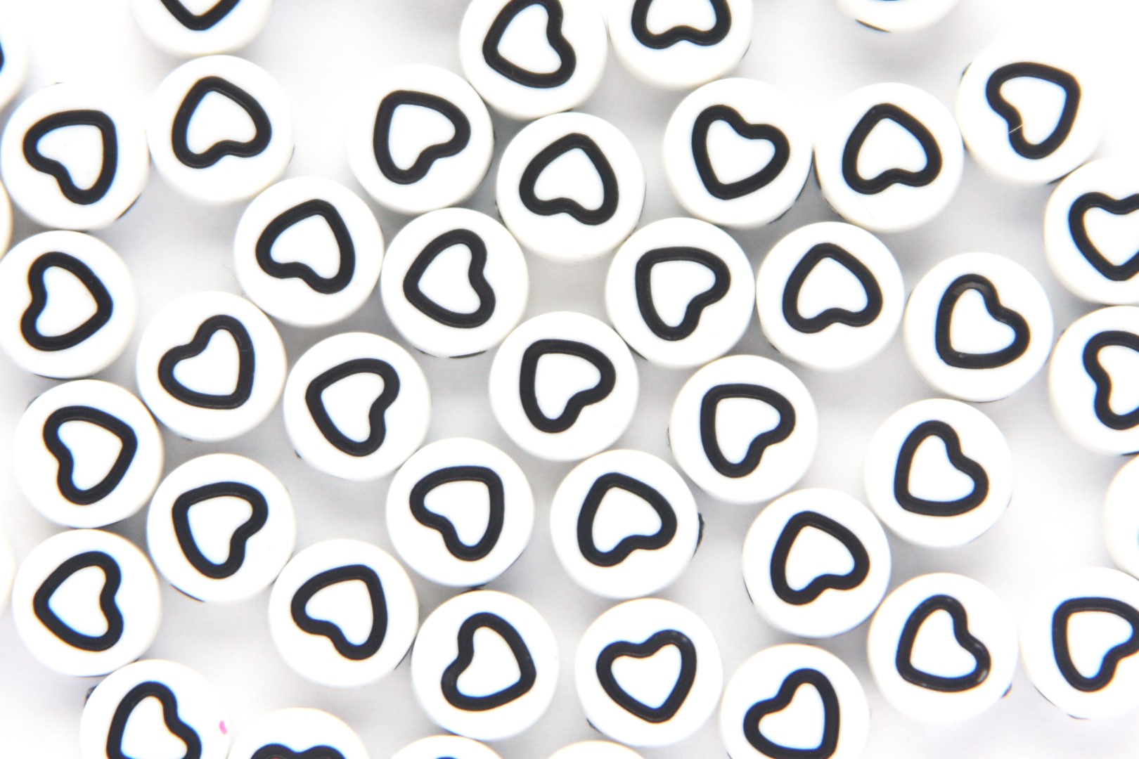 Letter bead, Hearts, open, Flat round, Acrylic, White/Black, 7x4
