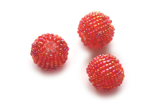 Bead, covered with seed beads, 20mm, Red, 10 pcs