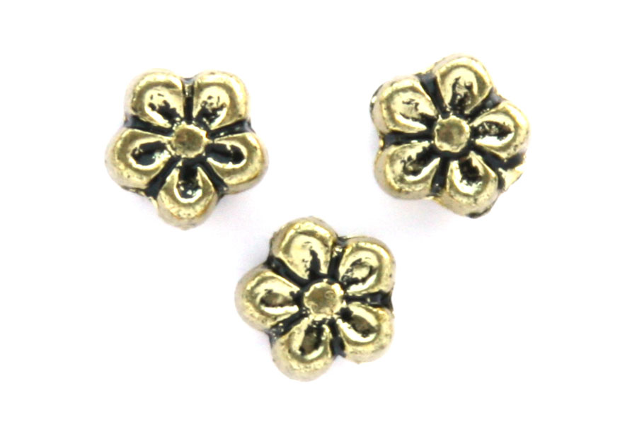 Flower bead, metal look,  7mm, Antique gold, 10 gr