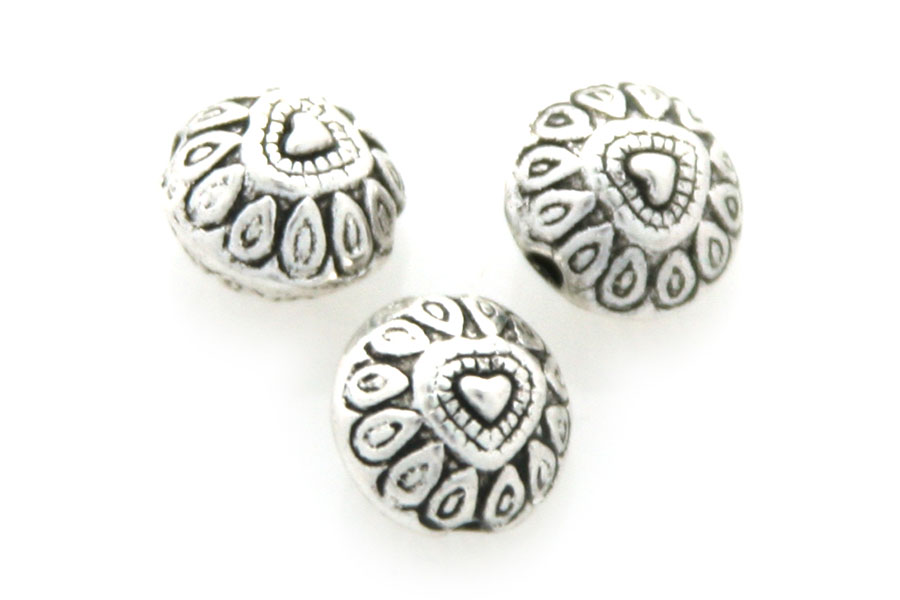 Flattened round bead, hearts, metal coated, 10mm, Silver, 25 pcs