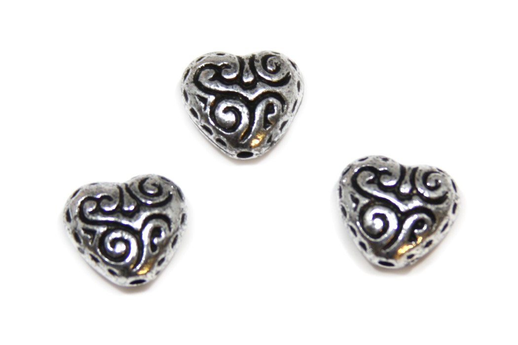 Heart, textured, metal coated, 14x13mm, Antique Silver, 15 pcs