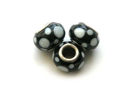 Pandora Style Bead, black, white circles, 15x10mm, 5 pcs