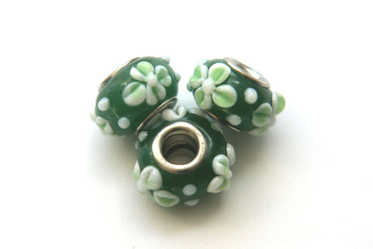 Pandora Style Bead, green, decoration, light green and white flo