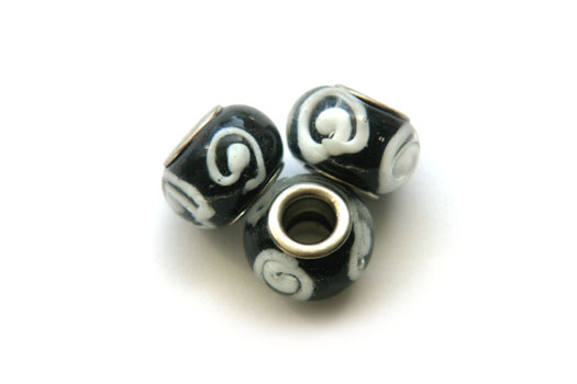 Pandora Style Bead, black, white swirl, 15x10mm, 5 pcs