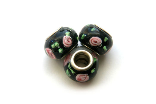 Pandora Style Bead, black, pink / green flower, 15x10mm, 5 pcs