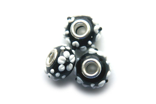 Pandora Style Bead, black, white flower, 15x10mm, 5 pcs