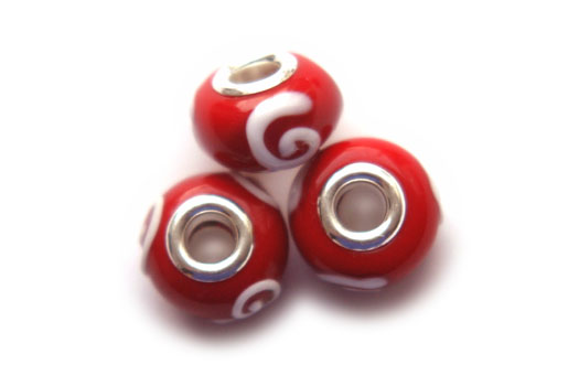 Pandora Style Bead, red, white swirl, 15x10mm, 5 pcs