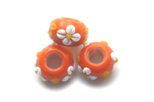 Pandora Style Bead, glass core, orange, white flower with yellow