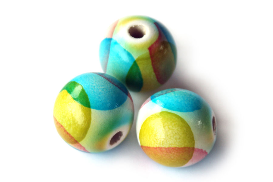 Round wooden bead (hand painted), 25mm,  Yellow/Pink/Turquoise,