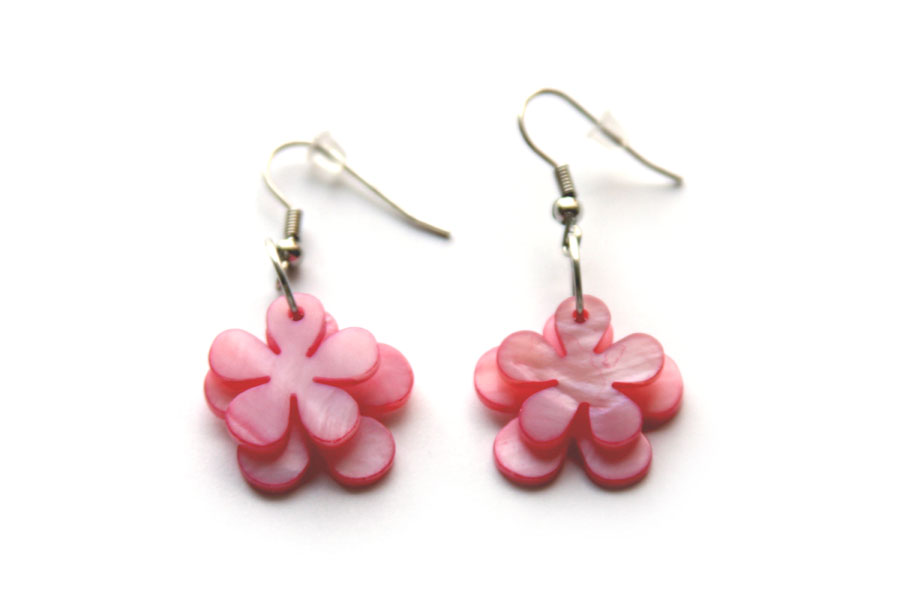 Flower shaped earrings, double, pink, 1 pc