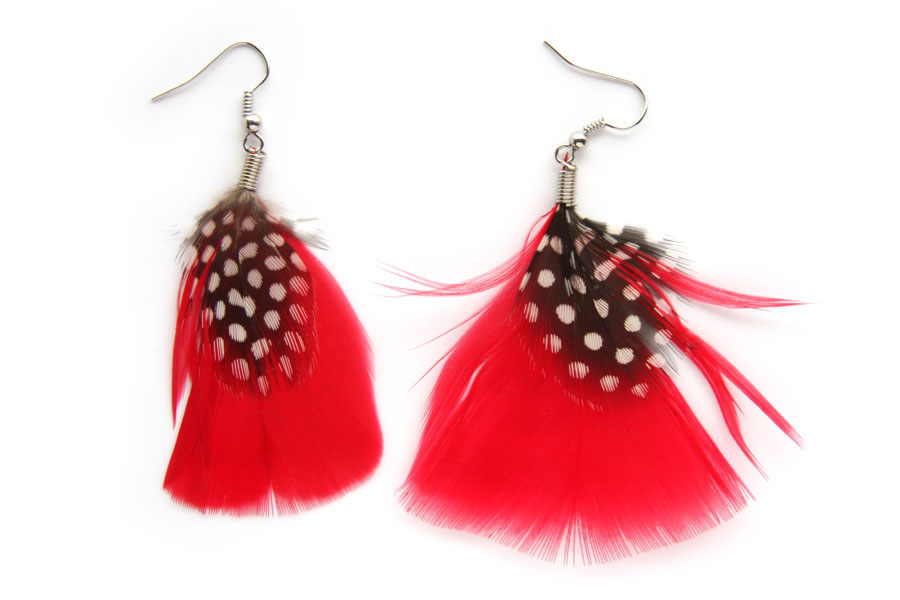 Pair of earrings, Red and black/white feather, 1 pair