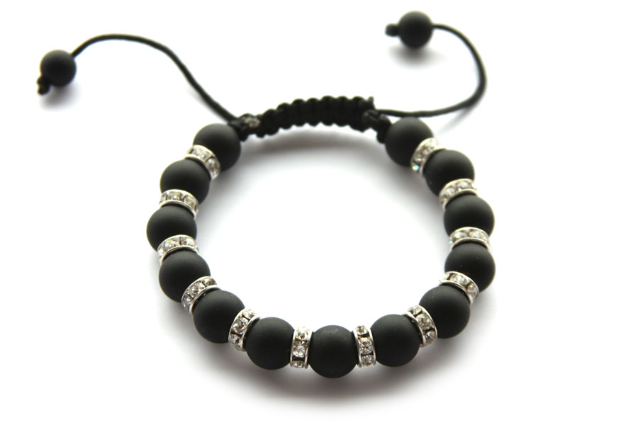Shamballa bracelet, black agate with rhinestone spacers, adjusta