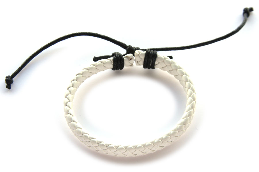 Leather bracelet, braided, 1 cm broad, Black closure, White, 1 p