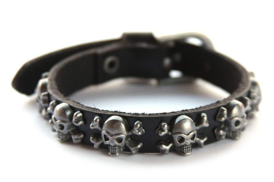 Cool leather bracelet skull&bones and clasp, Black, 1 st