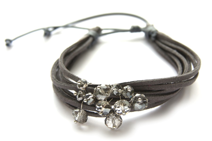 Bracelet, crystals, wool cord, 19cm, Grey, 1 pc