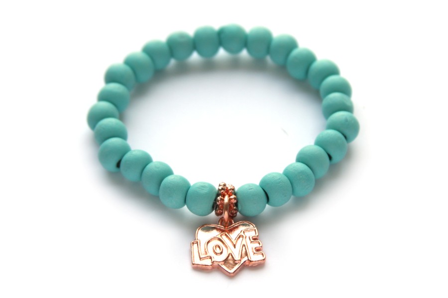 Armband Love, hout/rose gold hanger, Turquoise, 1 st