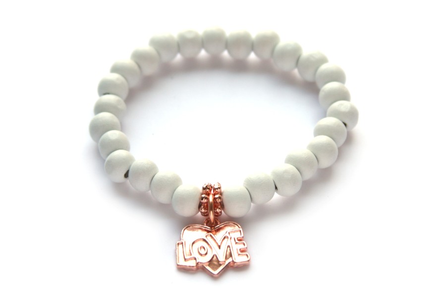 Bracelet Love, wood/rose gold pendant, White, 1 pc