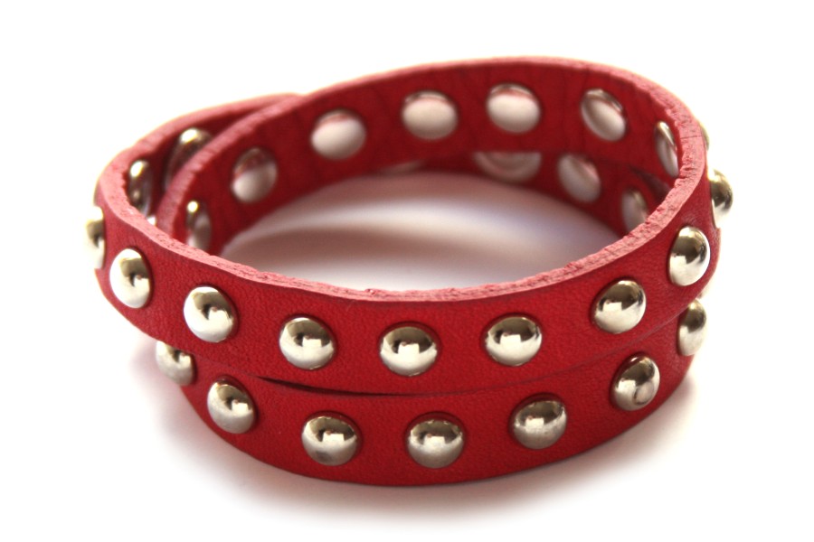 Leren armband met studs, 41 cm, verstelbaar, Rood, 1 m