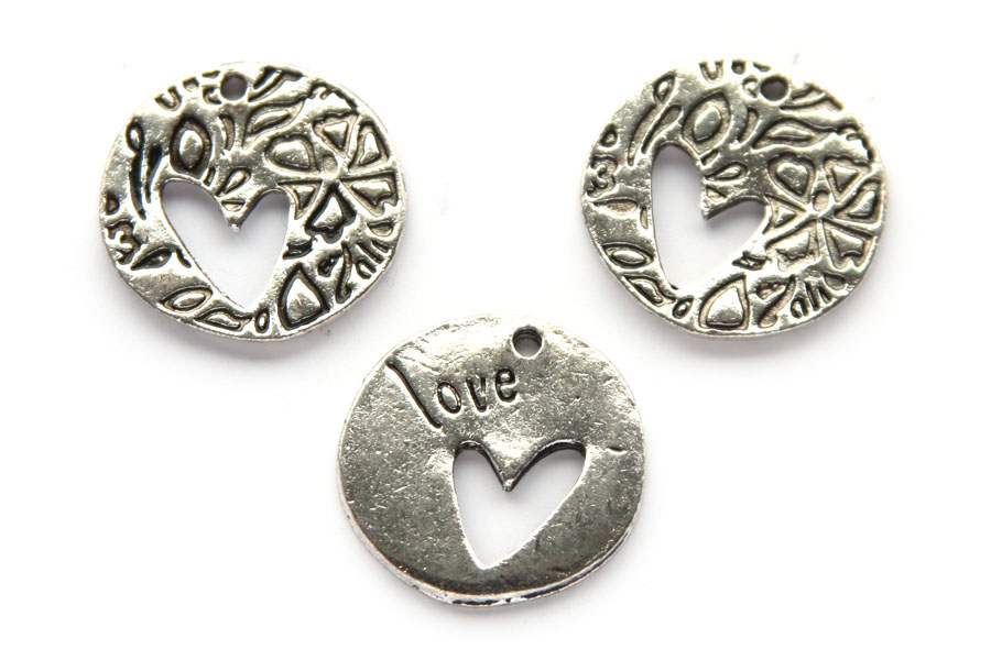 Round metal pendant, love and open heart, 21x2mm, 10 pcs